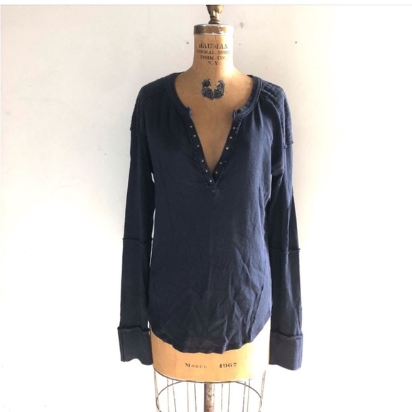 Free people] Black combo Army inspired Stud trim Relaxed fit Long sleeve T-shirt - Picture 5 of 12